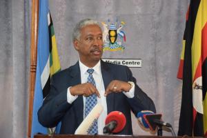 WHO Representative in Uganda, Dr Woldemariam addresses the press at the Uganda Media Center