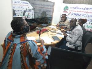 Mrs. Zainab S. Snoh, WHO IPC Officer and Mr. Garrison Kaiwillain, MOH IPC Coordinator during a live radio talk show as part of the World IPC Day celebration in Monrovia