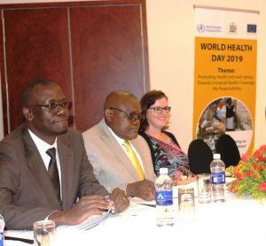 The WHO Representative, Dr. Nathan Bakyaita, The PS, Ministry of Health, Dr. Kennedy Malama and Esther Bouma from the European Union  