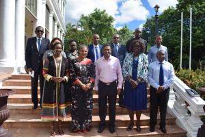 The UN delegation, lead respectively by Dr. Julitta Onabanjo, Regional Director, East and Southern Africa of UNFPA and Her Excellency Ambassador Christine Umutoni, UN Resident Coordinator for Mauritius and Seychelles, comprising Regional Directors from UNESCO and UNWTO, and Heads of UN agencies of Comoros, Madagascar, Mauritius and Seychelles during a courtesy call to the President of Seychelles (in the centre, first row) 