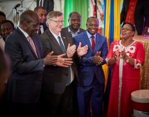 Cabinet Secretary Hon Sicily Kariuki, right, WR Dr Rudi Eggers join other dignitaries to celebrate malaria vaccine roll-ou