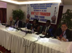 Ms. Norwu Howard, Dep. Health Minister, Dr. Mesfin G. Zbelo, WHO Country Rep. a.i., Dr. William Maina, WHO AFRO Project Officer for Tobacco and other high-profile delegates at the Tobacco Taxation Policy and Health Financing Workshop in Monrovia