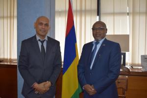 Newly appointed Minister of Health and Wellness, Dr Hon K. Jagutpal and Dr L. Musango, WHO Representative in Mauritius during the courtesy call