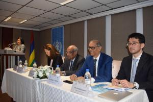 Opening of the Policy Workshop: Dr (Mrs) J. Sonoo, Consultant Pathology addressing the audience. Seated from left to right: Dr J. Carter, WHO Consultant, Dr B. Ori, Director Health Services, Dr S. Manraj, Director, Laboratory Services and Dr A. Samura, Technical Officer from WHO Mauritius