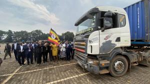 The Prime Minister Rt Honorable Ruhakana Rugunda flanked by Dr Jane Ruth Aceng flags off the cold chain and transport equipment at Kololo Airstrip in Kampala