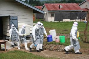 Health workers going through the drills of donning and doffing Personal Protective Equipment during an outbreak of Marburg Hemorrhagic fever in Kapchorwa district, eastern Uganda in 2017. 