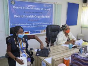 Dr. Inigbehe Oyinloye Babatunde WHO GBV Consultant and Hajiya Falmata of Borno State during sensitization meeting on GBV in Borno State 