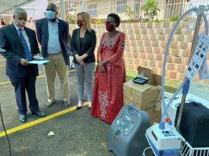 L-R: WHO Representative- Dr Yonas, WHO officer-Dr Bodo, Irish Deputy Ambassodor-Ms Nicole McHugh and the Minister of Health-Dr Aceng at the handover of the equipment worth USD 250,000 procured by WHO with funding from the Irish Government