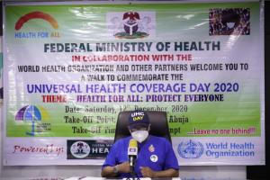 The Minister of Health Dr Osagie Ehanire at the UHC Day Press Conference in Abuja.