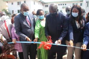 H. E. President George M. Weah cuts ribbon of the National Polio ECO during the commissioning program in Monrovia