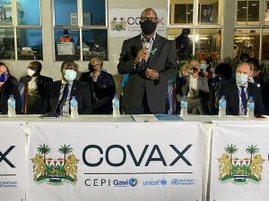 Dr Austin Hinga Demby, Minister of Health and Sanitation delivering the keynote statement at the event to mark arrival of the first batch of COVID-19 vaccine in Sierra Leone under the COVAX Facility