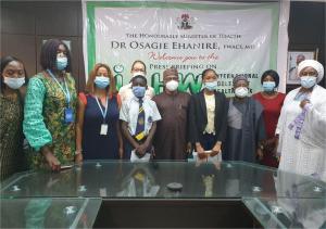 Cross section of some of the participants with the Minister of Health after the commemoration of the International Adolescent Health week at the Federal Ministry of Health.jpg