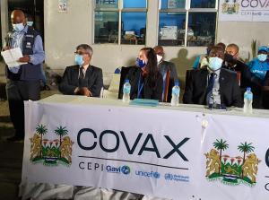 Dr Steven Velabo Shongwe, WHO Representative in Sierra Leone delivering a statement at the event marking the arrival of teh first COVID-19 COVAX vaccine in Sierra Leone