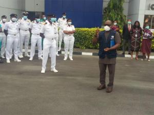 Dr Terna Nomhwange of WHO sensitizing Staff of Nigerian Navy Reference Hospital, Calabar on Covid 19 vaccines and vaccination..jpg