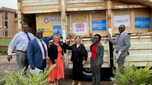 Handover Ceremony at MoH Uganda. From left to right: Dr Olaro Charles, Director Clinical Services - MoH; Dr. Charles Njuguna, the WCO Incident Manager; HE Kate Airey OBE, British High Commissioner to Uganda; HE Maria Håkansson, Ambassador of Sweden to Uganda; Dr Jane Ruth Aceng Acero, Uganda's Minister of Health; Dr Daniel Kyabayinze, Director Public Health - MoH