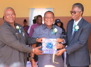 Hon. Hendrick Gaobaeb, Constituency Councilor and Kunene Regional Chairperson, Hon. Dr Kalumbi Shangula, Minister of Health and Social Services and Dr Charles Sagoe-Moses, WHO Representative launching the WHO 75th Anniversary in Opuwo, Kunene Region, 6 April 2023 