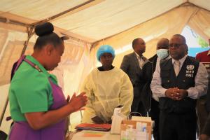 The WHO Representative a.i., Professor Jean-Marie Dangou, at Glenview 1 Cholera Treatment Centre 