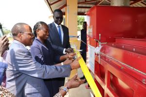 Honorable Yolanda Awel Deng Juac, Minister of Health, and Dr Fabian Ndenzako, WHO Representative a.i. for South Sudan cut the ribbon to officially open the Waste Management Facility in Juba 