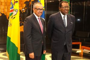 World Health Organization (WHO) Director-General, Dr Tedros Adhanom Ghebreyesus with His Excellency, Dr Hage Geingob, Namibia Head of State,  