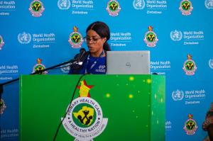 WHO Zimbabwe Communications Officer, Miss Tatenda Chimbwanda facilitating the Healthcare Transformation Talks