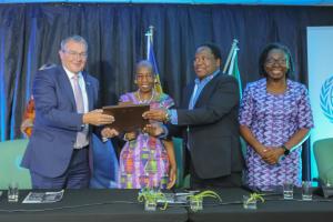 HE Charles Moore, UK High Commissioner to Namibia, Ms. Hopolang Phororo, UN Resident Coordinator, Mr. Mzingisi Gqwede, the Director of Adult Education in the Ministry of Education, Arts and Culture and Dr Mary Brantuo, WHO Namibia Officer-in-Charge 