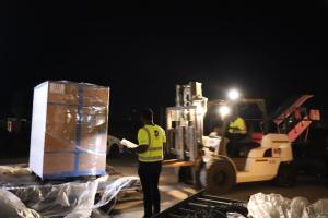 Loading of malaria vaccines underway at Roberts International Airport in Margibi , Liberia