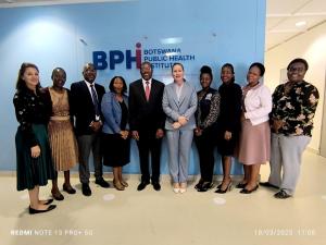 Dr Fabian Ndenzako and his team meeting the Botswana Public Health Institute team, led by Dr Pamela Smith-Lawrence