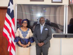 WHO Representative Dr Olushayo Olu with Liberia's Minister of Foreign Affairs H.E. Sara Beysolow Nyanti
