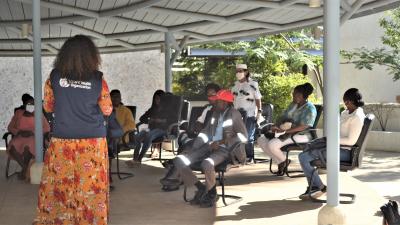 Training a group of food distributors from the Food Bank programme on COVID-19 and how to protect themselves and the community while distributing food to the most vulnerable. 