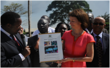Left to right Hon. Tumwesigye Dr Astrid Bonfield Dr. Alemu Wondimagegnehu launch the Uganda Trachoma Action Plan