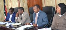 Health Cabinet Secretary Dr Cleopa Mailu, left, with other MOH officials, Dr Izaq Odongo, Dr David Soti and Ms Rosalind Murimi