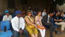 Prof. JM Dangou (l - row 1) with other dignitaries in a community setting to assess tools distributed by partners in support of malaria prevention