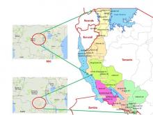 Map showing the six regions bordering DRC where risk assessment and intensified AFP surveillance was conducted