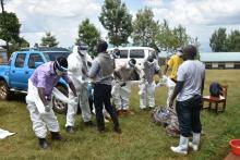 The burial team getting ready for transportation and burial of the second Marburg confirmed case in Kween district, eastern Uganda