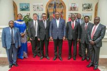 DG Dr Tedros with President Uhuru Kenyatta at State House in a group picture with government officials including Health Cabinet Secretaries  Dr Cleopa Mailu (4th right), Ambassador Amina Mohamed,  Foreign Affairs and WR Dr Rudi Eggers (3rd left)