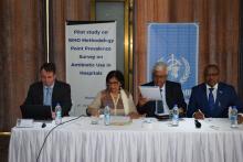 From left to right - Mr Arno Muller, WHO Consultant, Dr (Mrs) T. Timol, Director General Health Services and Dr Gujadhur, Director Health Services (Public Health) of the Ministry of Health and Quality of Life and Dr L Musango, WHO Representative in Mauritius at the opening of the training workshop on AMR