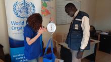 Dr Stanslaus Barnaba, Head of the Wau hub receiving the nutrition assessment tools and medical equipment to support partners needs