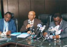 Dr. Wondi Alemu giving his speech at the signing. (L-R) Dr. Rex Mpazanje (WHO), Dr. Wondi Alemu (WR), Prof. Isaac Adewole. 