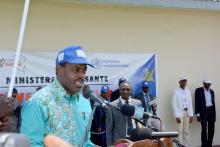 Dr Oly Ilunga Kalenga, Ministre de la Santé lors de son allocution samedi 07 avril 2018, lançant officiellement les activités et festivités relatives au 70ème anniversaire de la création de l'OMS au 'Village Santé'. OMS/Eugene Kabambi