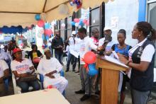 Victoria K. Nyanzi, Laboratory Team Lead, WCO Liberia  reading the message of the WHO Regional Director for Africa on World Blood Donor Day