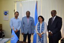 Dr F. Shaikh, WHO Technical Officer, Dr L. Musango, WHO Representative, Dr J. Sonoo, Director, National Blood Transfusion Service and Dr J. B. Tapko during a technical meeting at the WHO Country Office, Mauritius