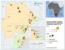 Map showing distribution of diarrhoea cases and deaths in children below five years in Botswana, week 36 - 42