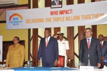 President Kenyatta with health Cabinet Secretary Sicily Kariuki  and Dr Tedros at the GMM Meeting 