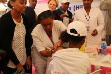 The first girl from Tesfa Kokeb school taking the HPV vaccine