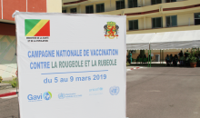 Sign at a measles and rubella vaccination campaign in Brazzaville