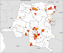 Carte de la RDC montrant les zones de santé avec des épidémies confirmées de Rougeole IgM+, de la semaine épidémiologique 1 à la semaine 11 de l’année 2019 (Source: PEV RDC & OMS)