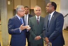 Hon. Pravind Kumar Jugnauth, Prime Minister of the Republic of Mauritius discussing with Dr Hon. Anwar Husnoo, Minister of Health and Quality of Life (centre) and Dr Laurent Musango, WHO Representative in Mauritius