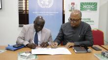 Dr Clement and Dr Chikwe during the signing_handover ceremony of Cholera kits.