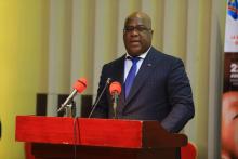 President de la RDC Félix Antoine Tshisekedi lors de son discours d'ouverture des travaux du Forum national sur la vaccination et l'éradication de la polio à Kinshasa. OMS/Eugene Kabambi 