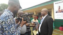Dr. Abdullahi Sule, WHO-Liberia EPI Team Lead speaks to the media during the MCV2 launch in Bomi County, Liberia